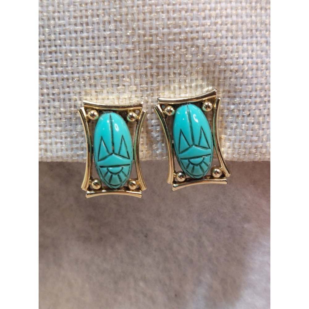 Vintage Turquoise Scarab Egyptian Bohemian Clip On Earrings Coastal Cowgirl